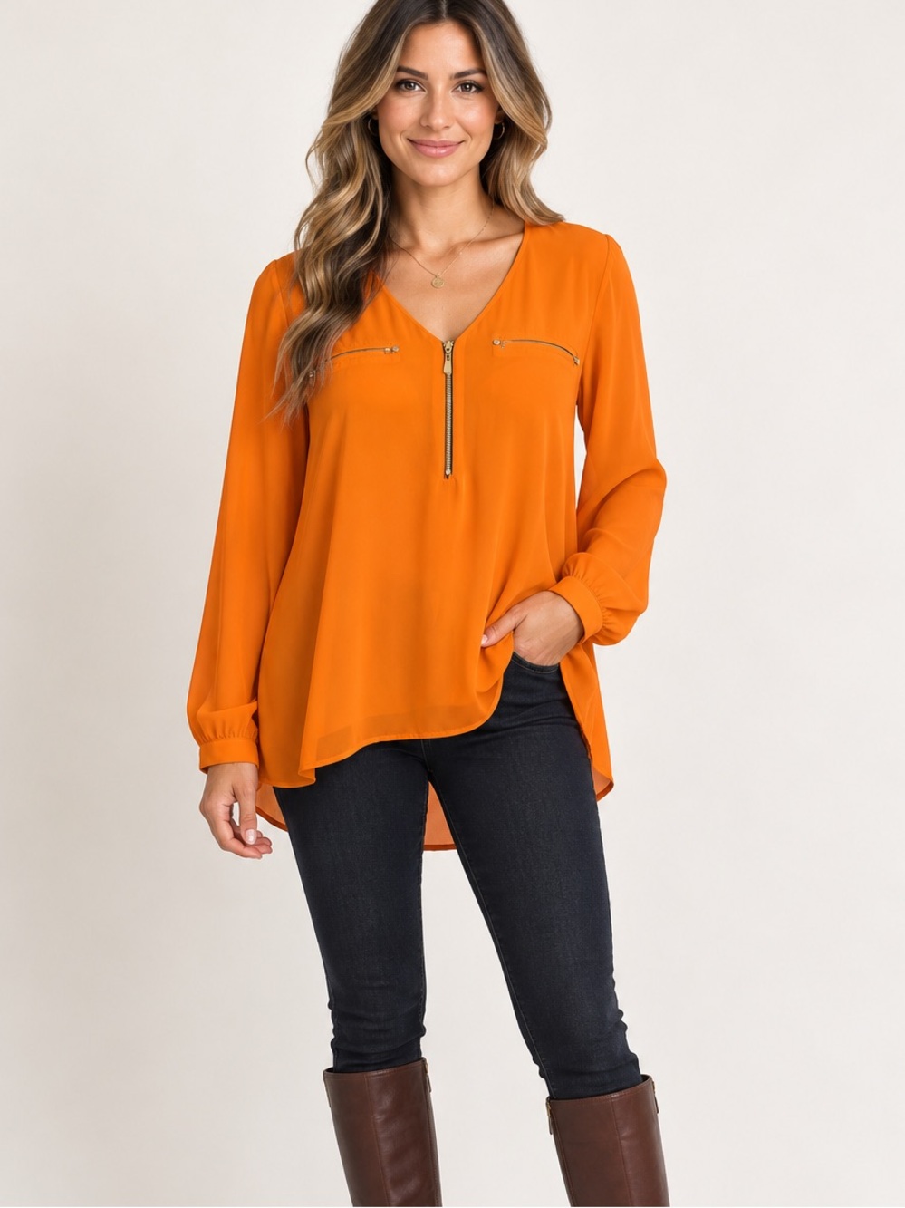 Naked Zebra Orange V-Neck Zip Front Blouse Size L